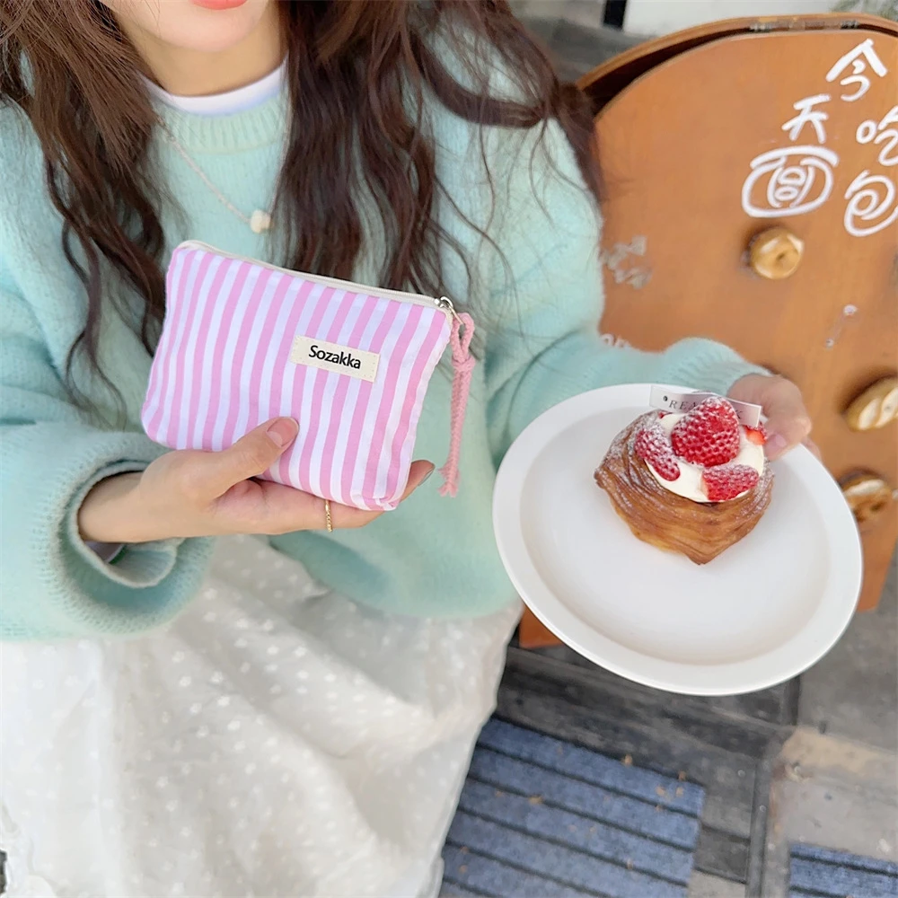 Niedliche Kleine Kosmetiktasche Mini-Canvas Gestreift Organizer für Damen