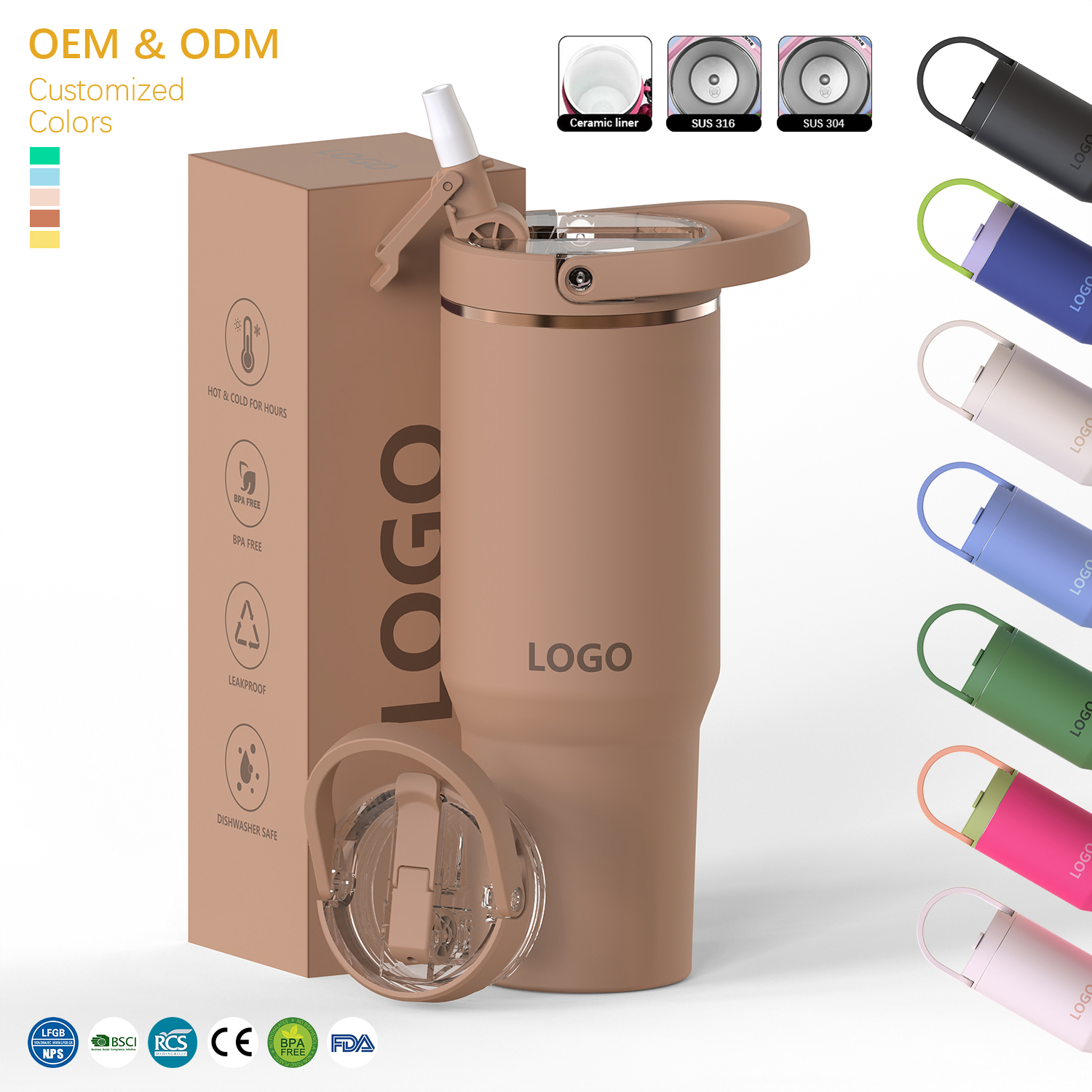 20oz 24oz 32oz 40oz Flip Straw Tumbler Portable