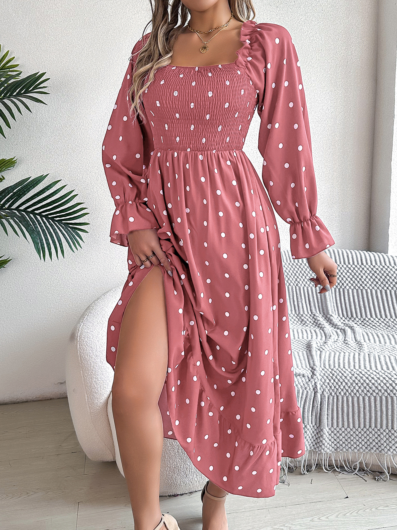 Women's Scalloped Hem Square Neck Polka Dot Flared