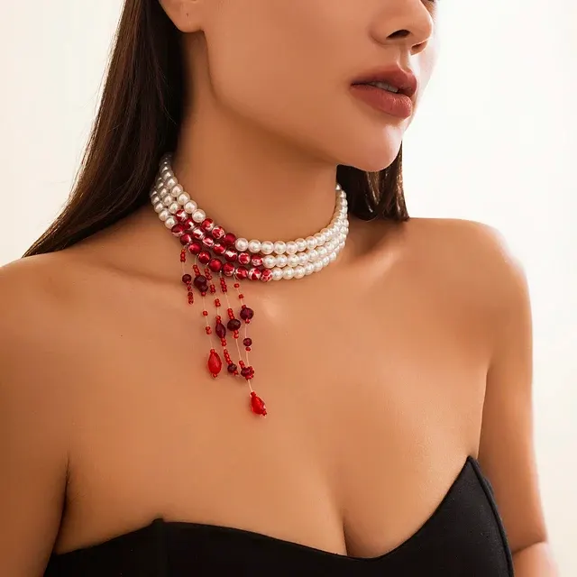 Vintage Blood-Pattern Pearl Tassel Necklace 3