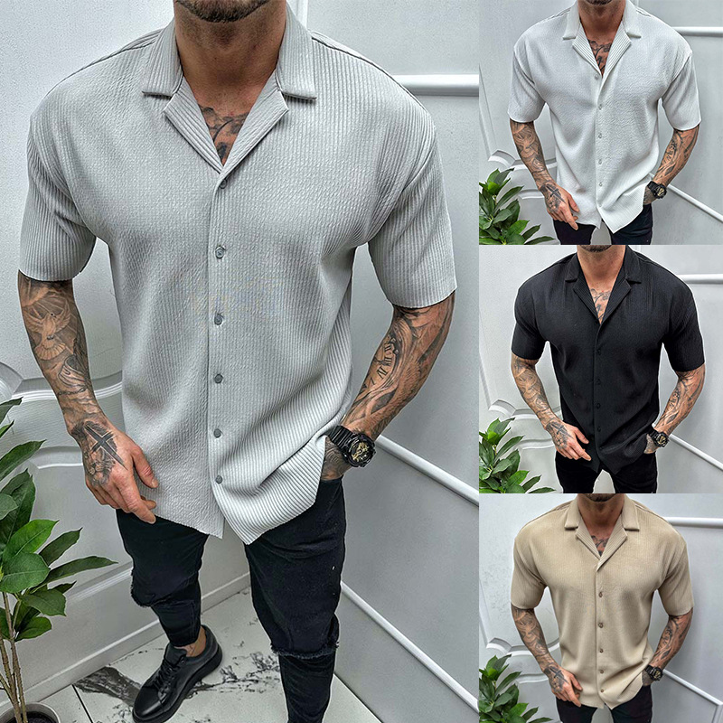 Men's T-shirt Striped Zipper Short Sleeve Solid Color 3