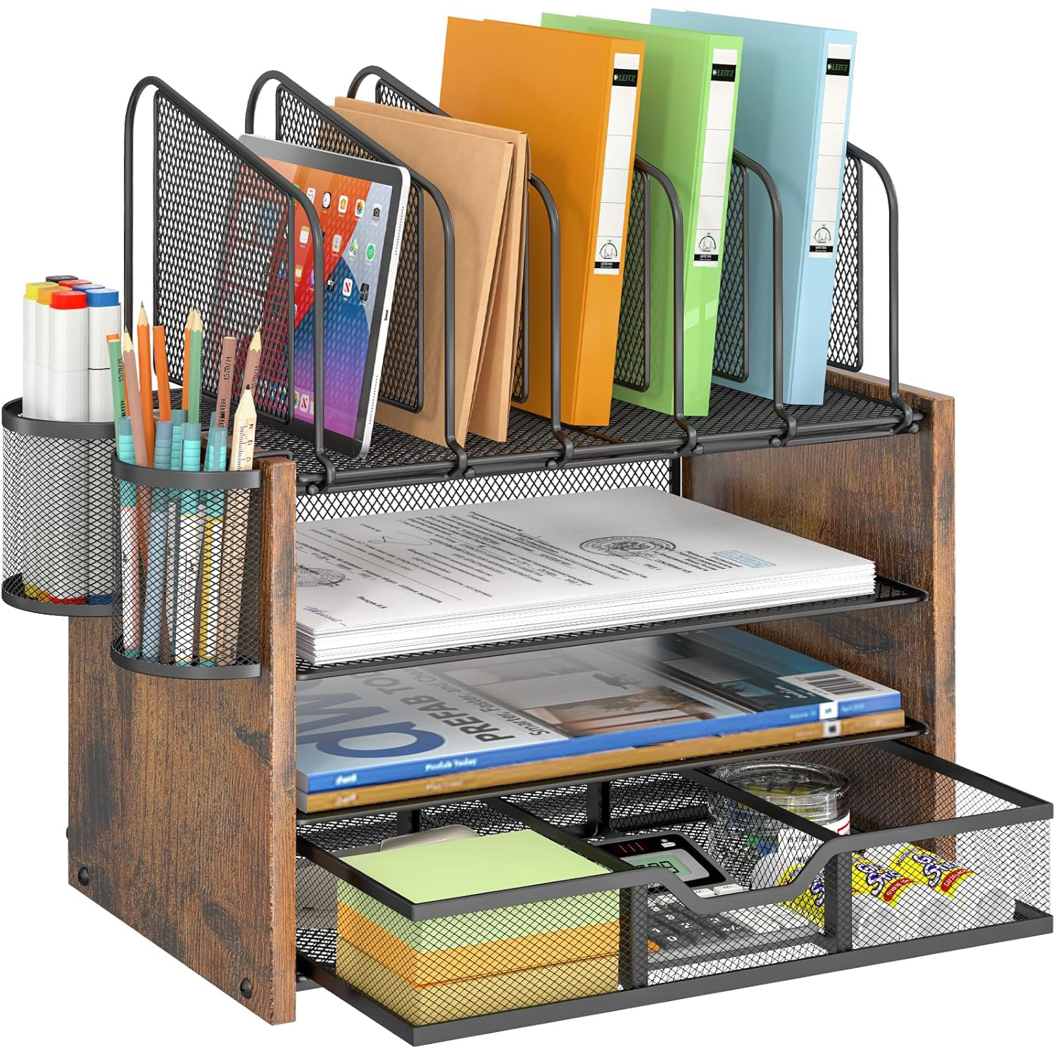 4-Tier Mesh Modern Foldable Desk Organizer Wooden Desktop