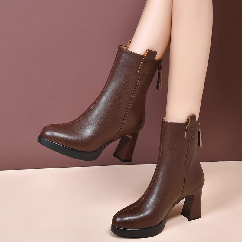 Soft Leather High Heel Boots Female Plus Velvet