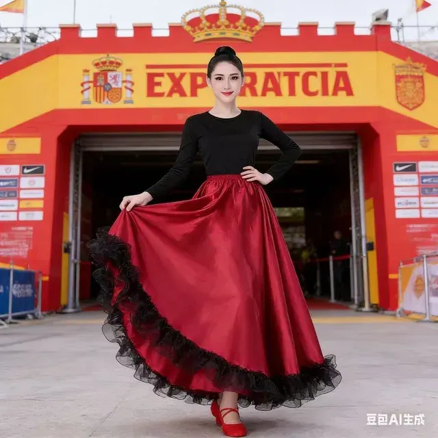 Zigeuner-Rock für Frauen Spanisches Flamenco-Kostüm aus Polyester-Satin Glatter 4