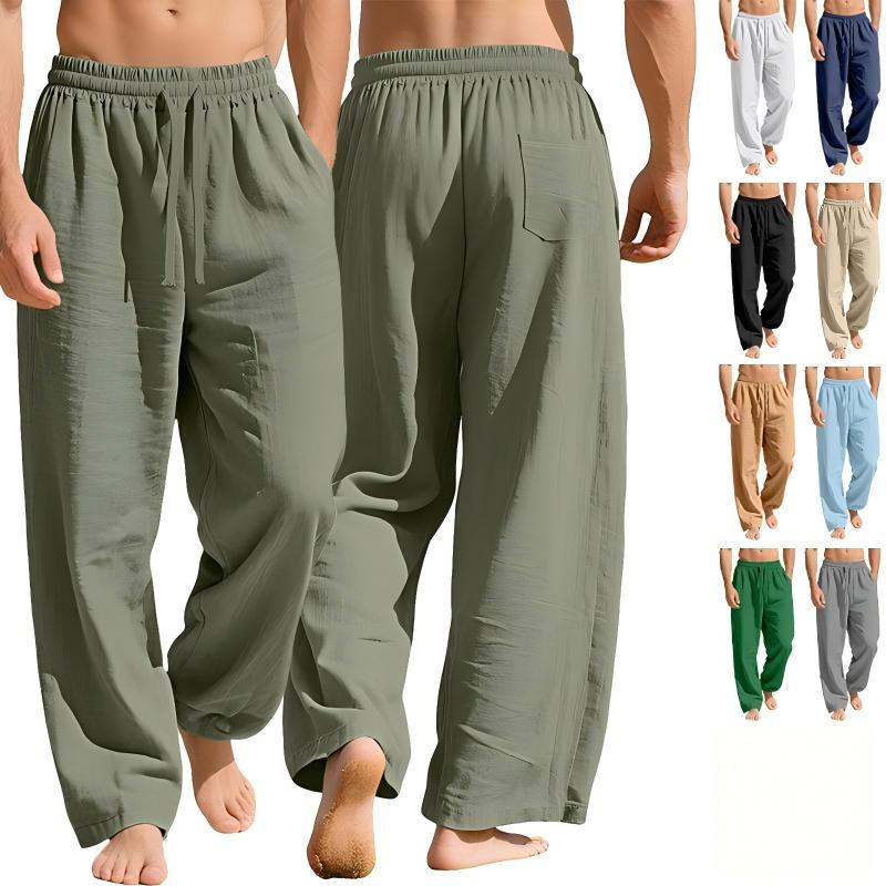 Men Textured Linen Blend Wide Leg Trousers Elastic