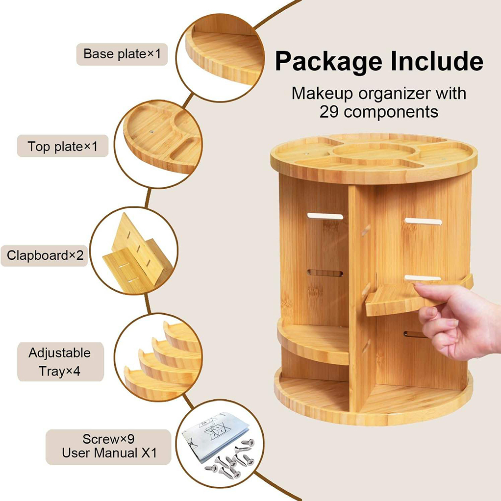 Three-Tier Rotating Bamboo Cosmetic Organizer 2