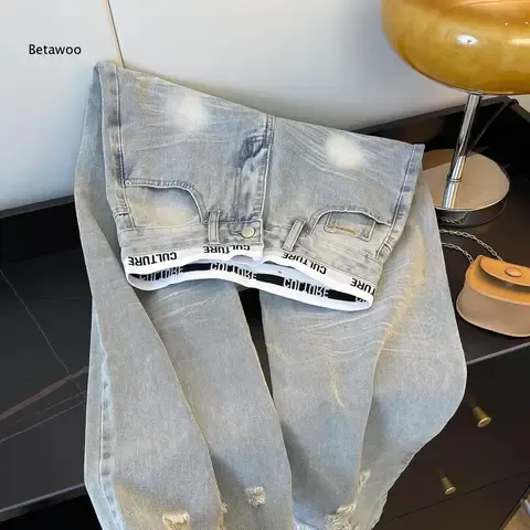 Damen High-Waist Ripped Boyfriend Jeans Distressed Loose Fit