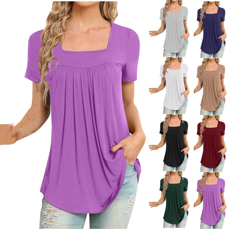 Women's Summer Solid Color Elegant Pleated Short Sleeves 2