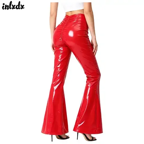 Damen Glänzende PU-Leder Y2K Schlaghose Wet-Look Hose Disco-Kostüm