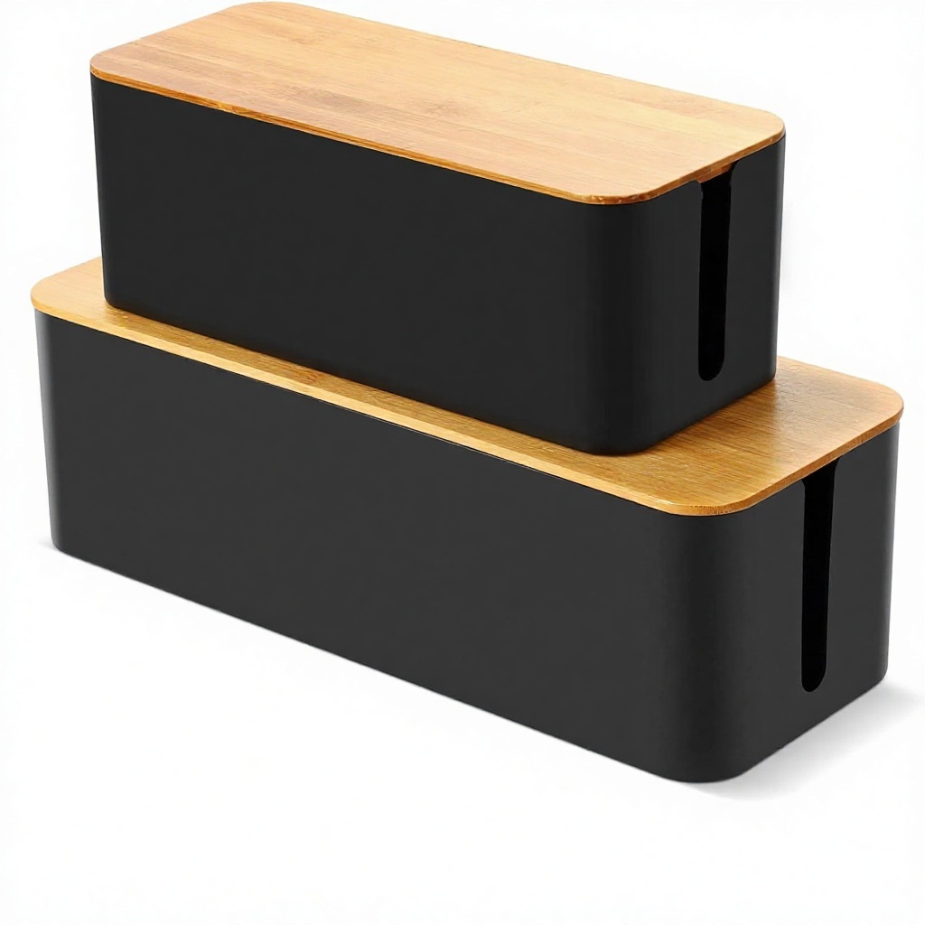 Schwarze Kabelbox mit Bambusdeckel