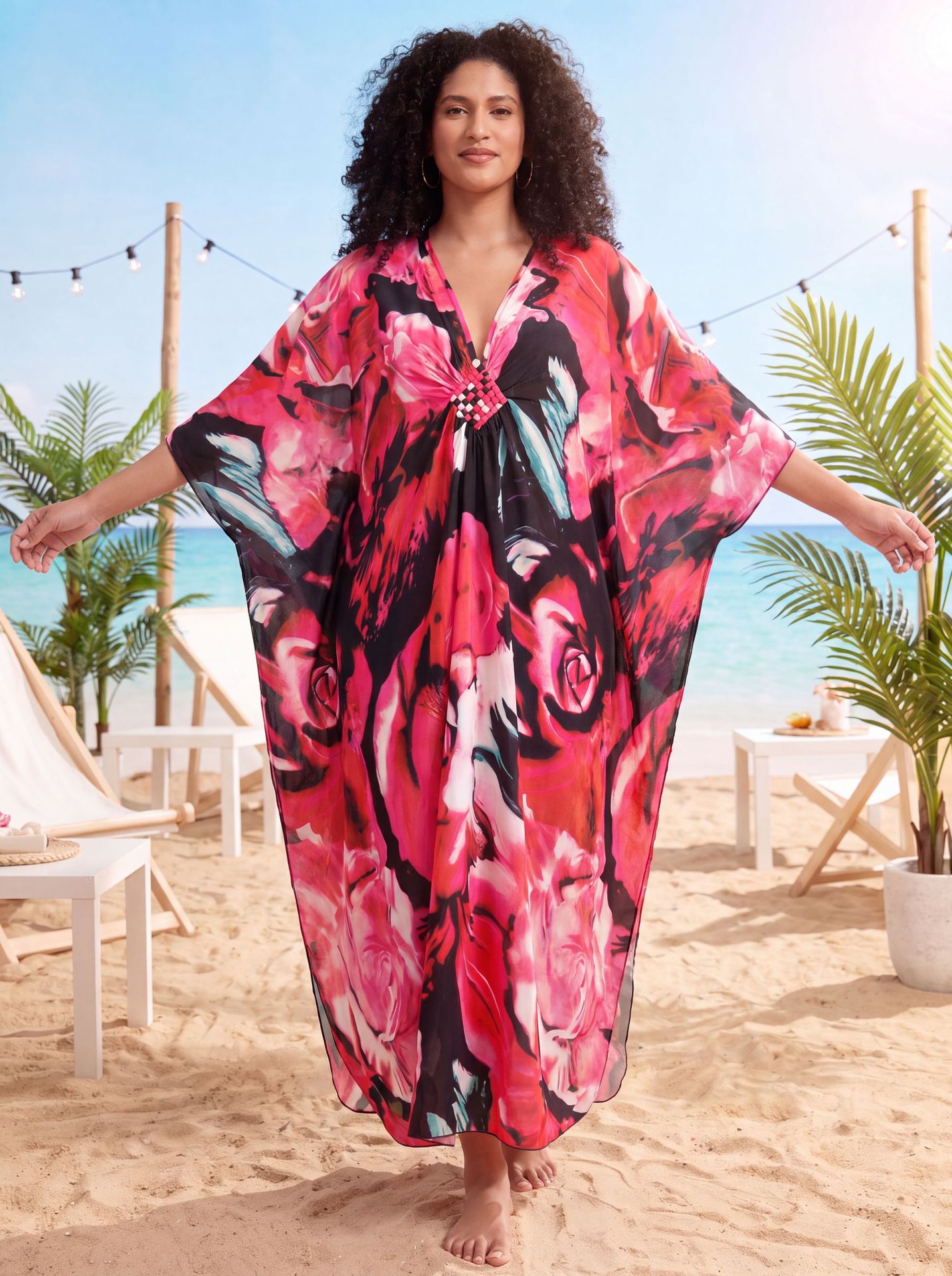 Red Floral Kaftan Beach Outerwear Long Bathing Suit