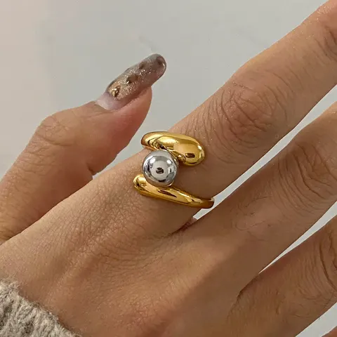 Women's Minimalist Open Ring Interlocking Bead Design Two-Tone