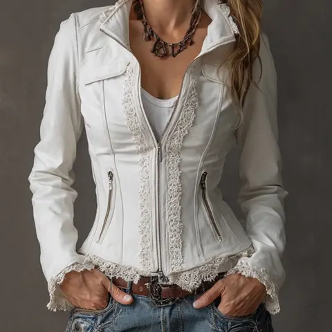 Women's Faux Leather Jacket With Lace Trim
