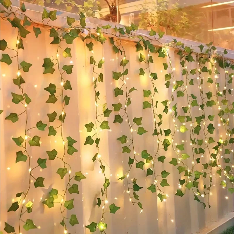 Battery-Powered Green Leaf String Lights 2