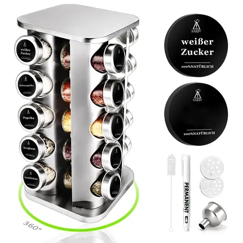 Gewürzgläser-Set - Quadratisches Gewürzregal mit 20 Gewürzgläsern 360°