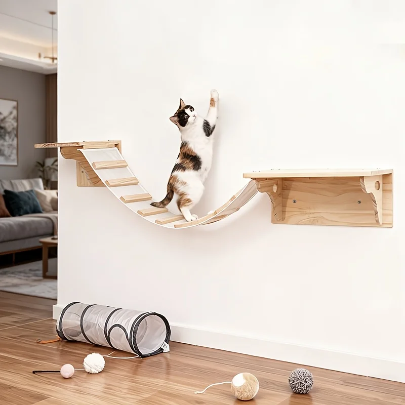 Katzenwand-Kletterregale Wandmontiertes Möbelset 2 Regale mit 1 Stegleiter 2