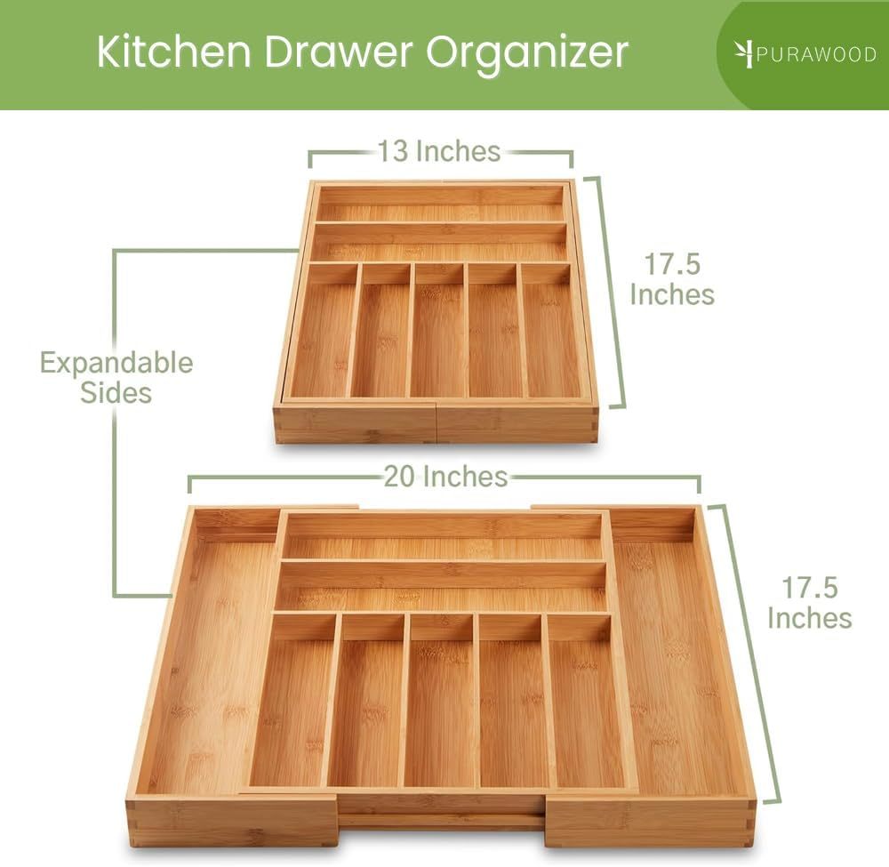 Purawood Expandable Bamboo Drawer Organizer With Silverware Utensil 4