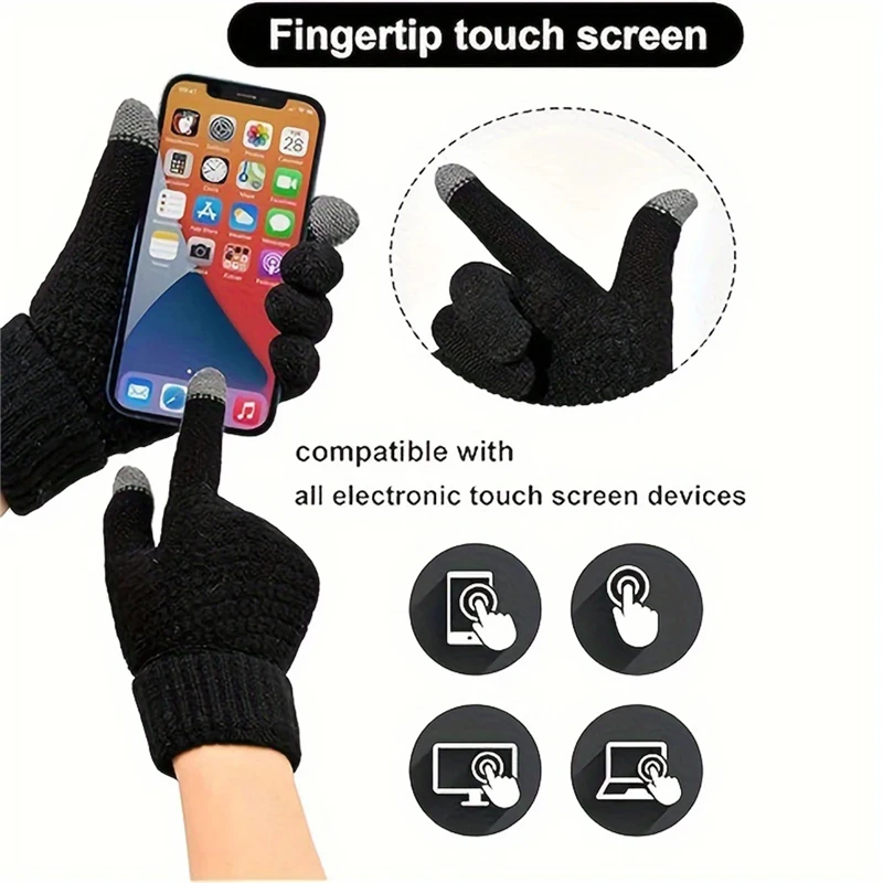 Damen Herren Winter Touchscreen-Handschuhe Dehnbare Strick-Wollhandschuhe mit Vollfinger 3