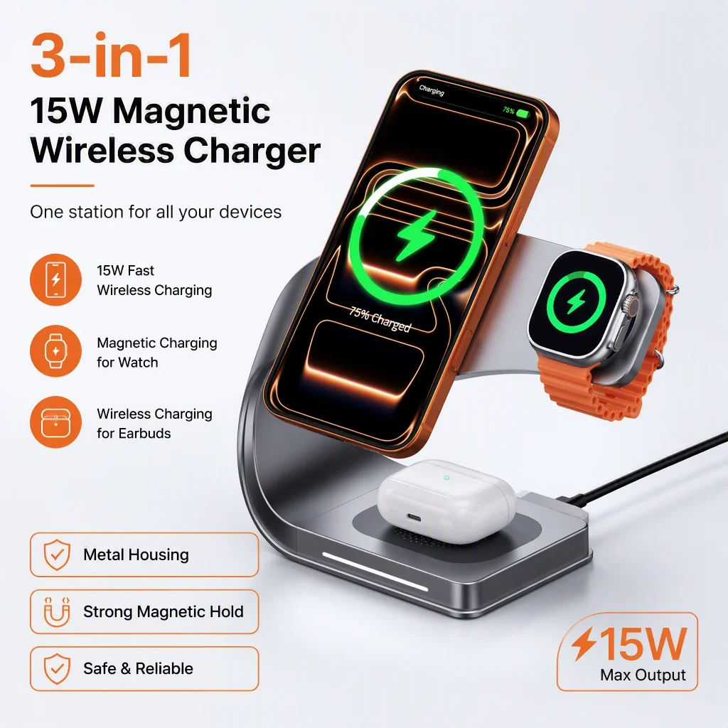 Kabelloser Ladeständer Metallgehäuse Magnetisch 15W Schnell-Ladestation für iPhone