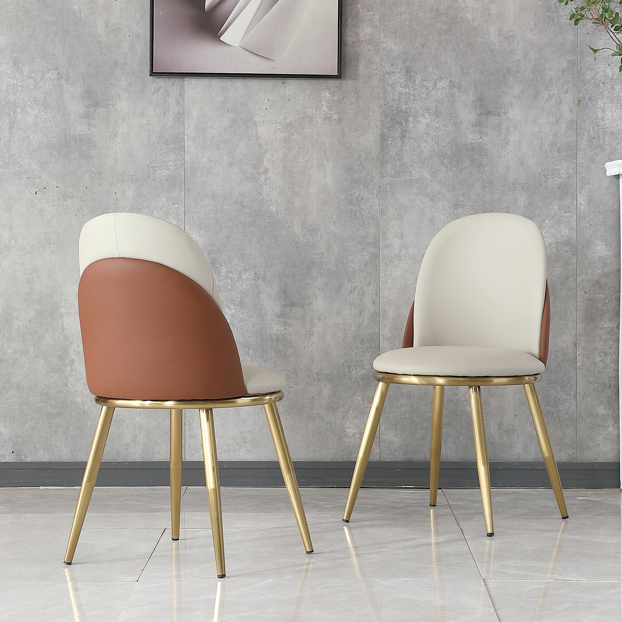 Beige Dining Chairs Set of 2 Gold Legs