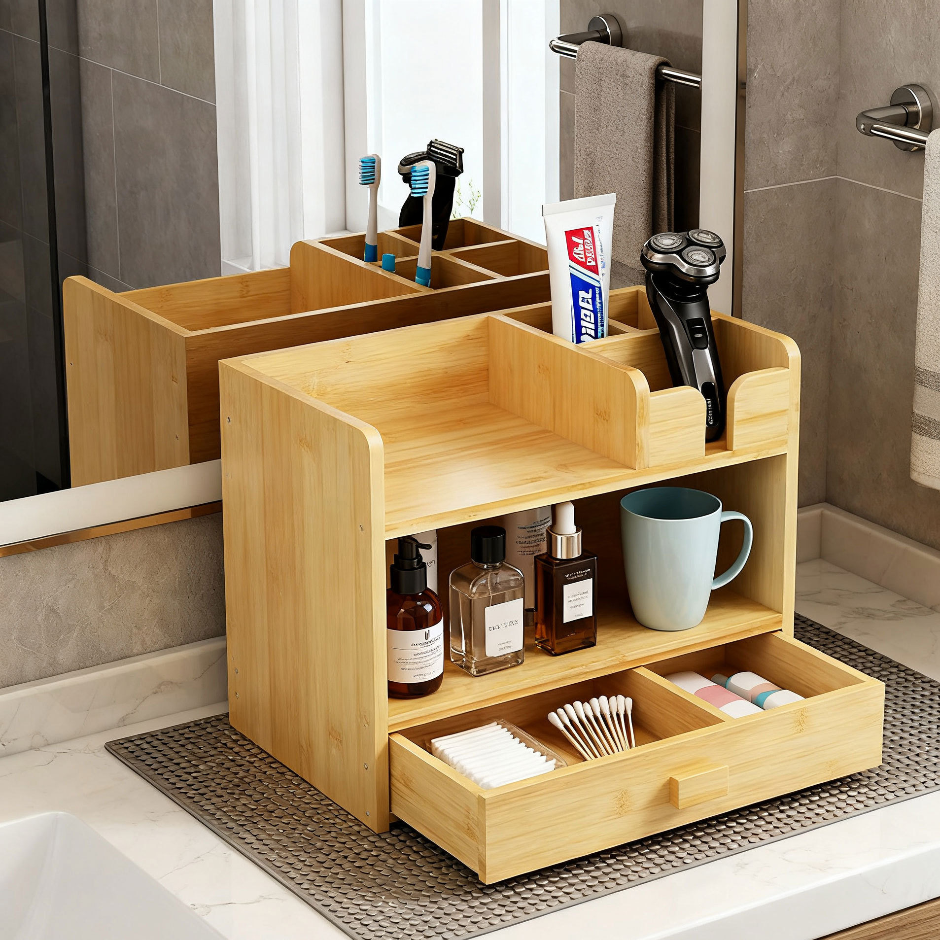 GL Makeup Organizer Bamboo Wood Vanity Countertop Cosmetic