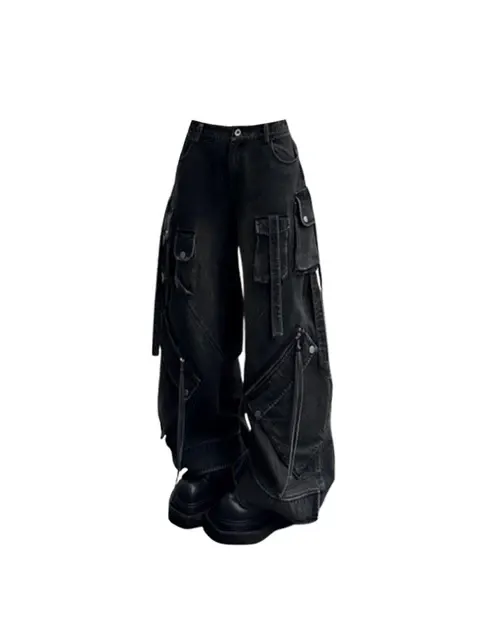 Damen Schwarze Gothic Baggy Cargo Jeans Harajuku Oversize 2
