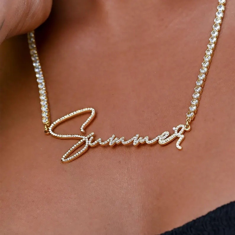 SongYi Personalized Script Name Necklace With Rhinestone Chain 2