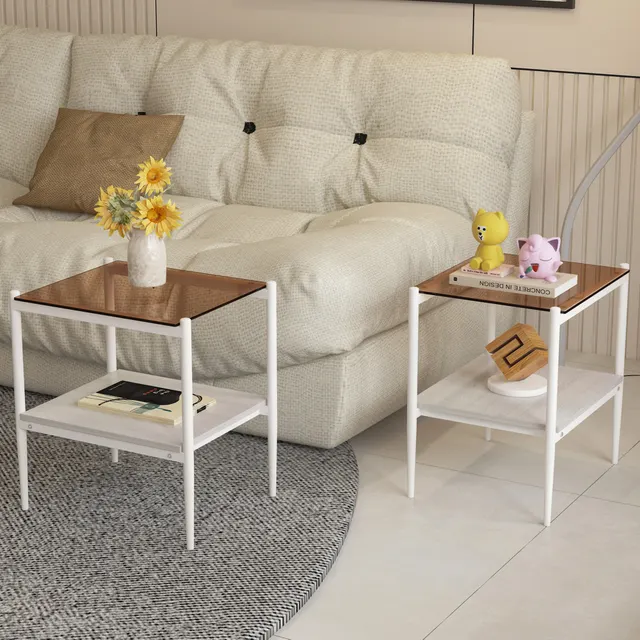 Set Of 2 Rectangle End Table Tempered Glass 2