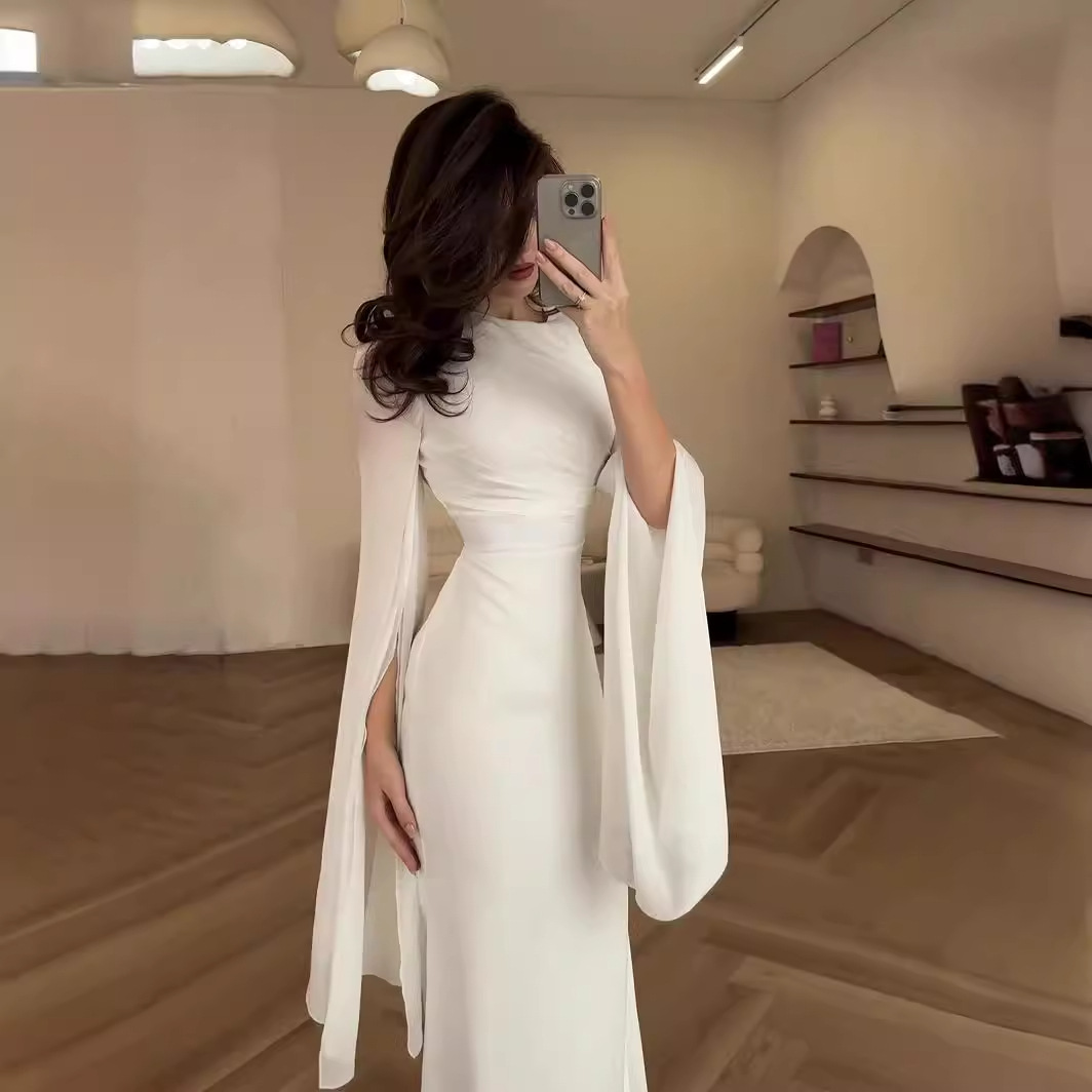 Slim Satin Long-Sleeve Dress with Gauze