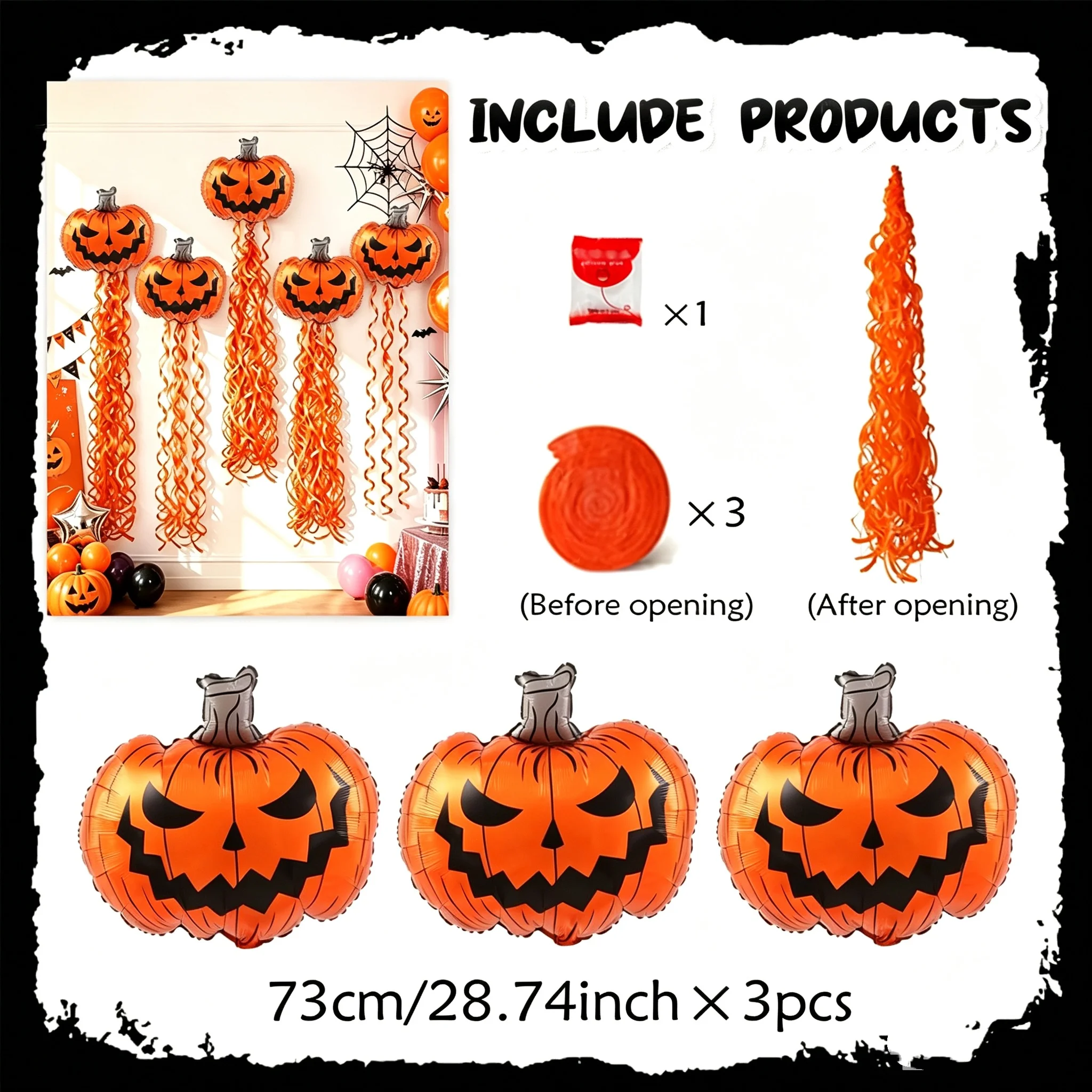7-teiliges Set – Halloween-Dekorationszubehör Gruselige Kürbisballons und Spiralquasten-Regenvorhang-Set 2