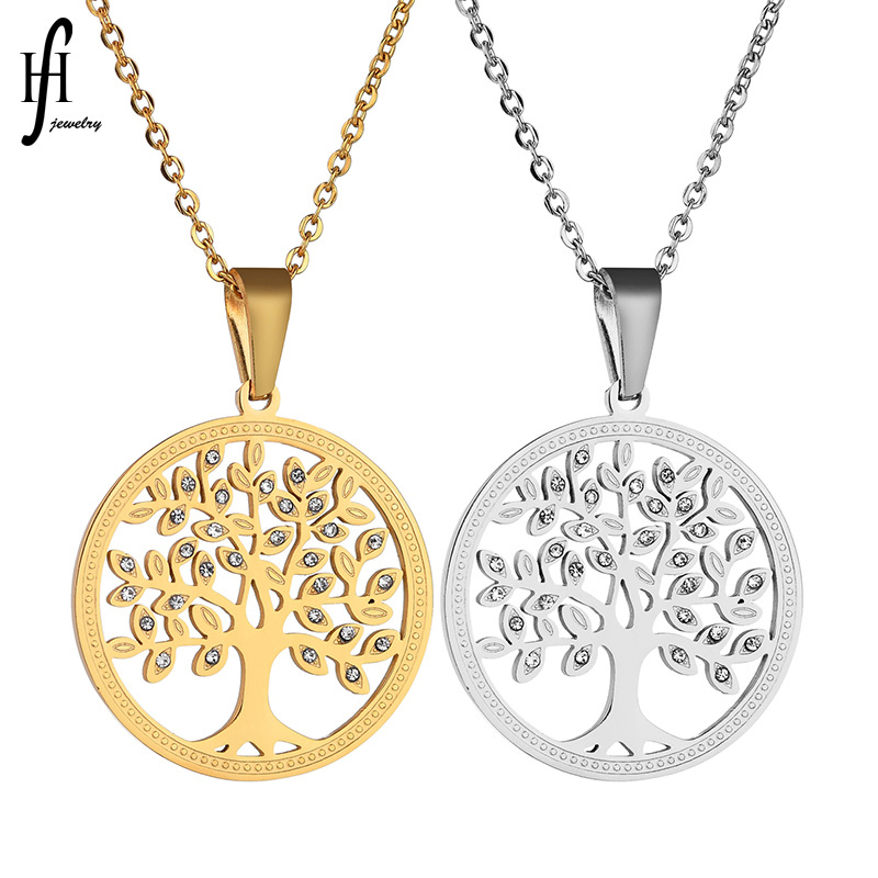 Stainless Steel Rhinestone Tree Of Life Pendant Necklace