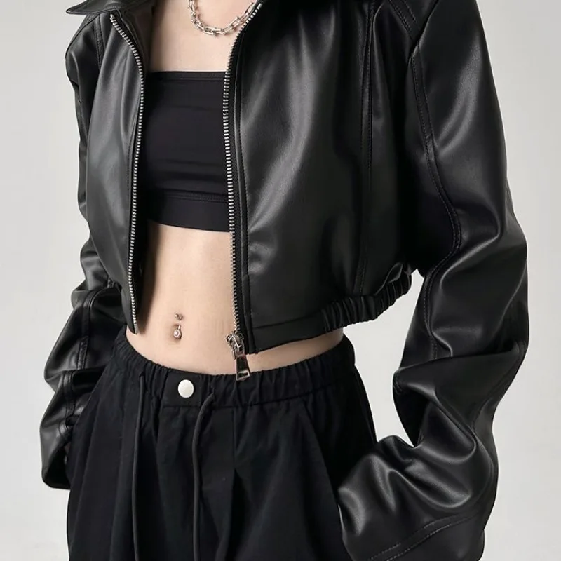 Y2k Damenbekleidung Retro Lange Ärmel Umlegekragen Lederjacke Mantel