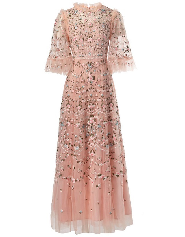 Women's Embroidered Flare-Sleeve Evening Maxi Dress