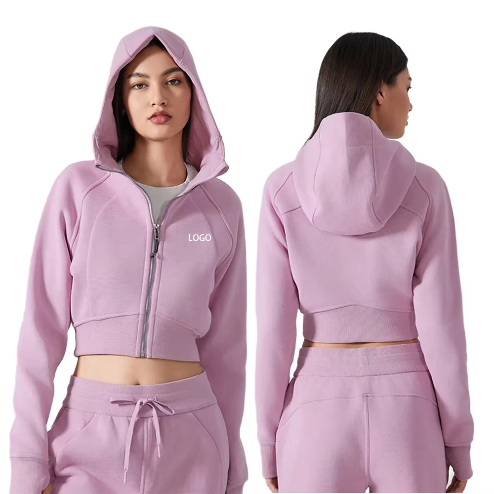 Hooded Tracksuit Women Zip up Cropped Jacket Elastic