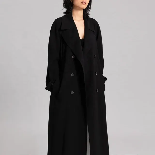 Women's Black Long Double-Breasted Trench Coat 2