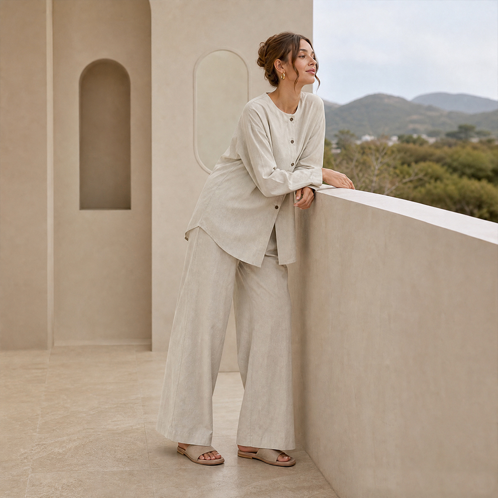 Damen-Loungewear-Set aus Baumwolle mit Weitbeinhose 3
