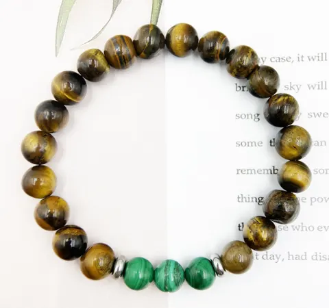 Natural Malachite Tiger Eye Stainless Steel Beaded Bracelet