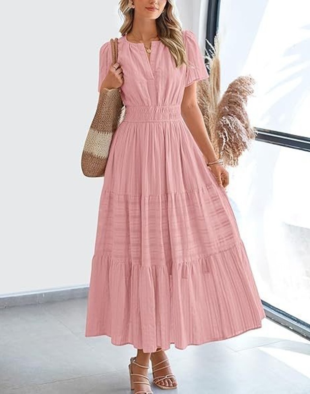 Women's Summer Short Sleeve V Neck Swing Dress