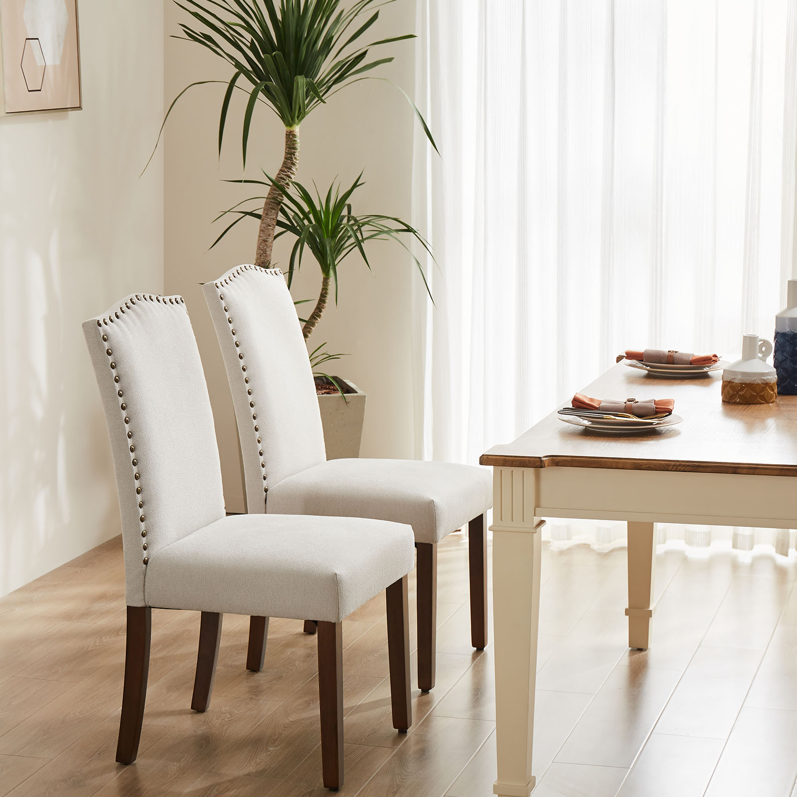 Modern Armless Dining Chairs With Upholstered Fabric Nailhead