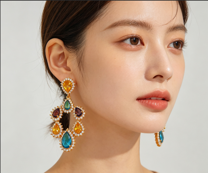 Gold Plated Multicolor Teardrop Zircon Dangle Earrings Large