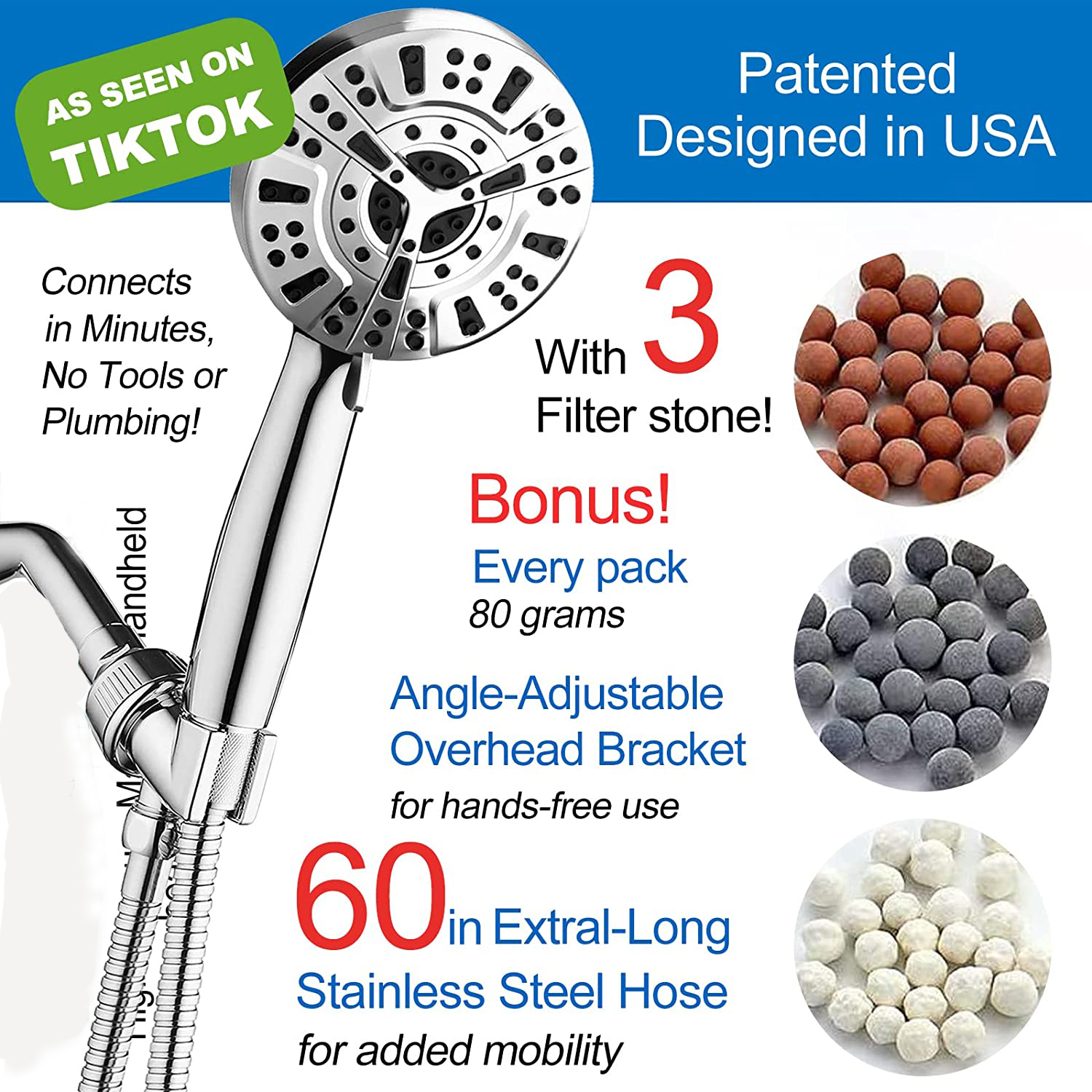 Mineral 9-Mode Rain Jet Powered Shower Head With 2