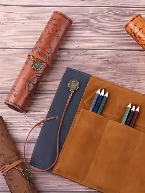 Vintage Leather Pencil Case with Treasure Map 4