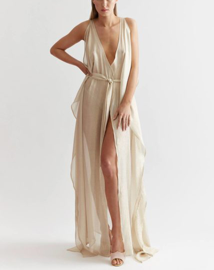 Champagne Satin Maxi Slip Dress Asymmetric 2