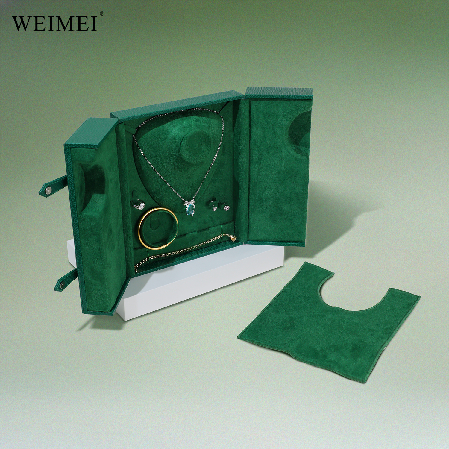 WEIMEI Double Door Green Leather Jewelry Box Organizer 2