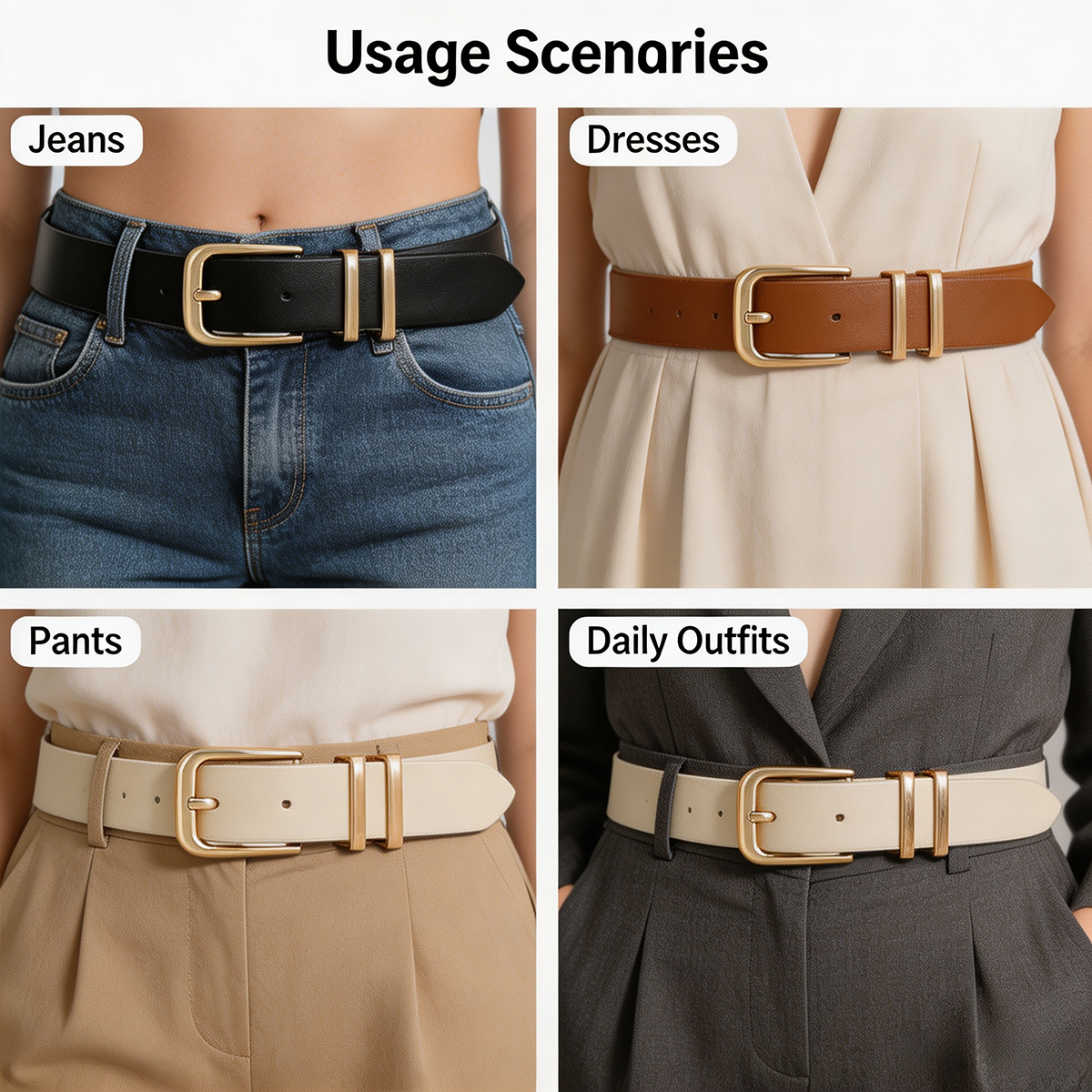 Women's Leather Belt with Gold Buckle, 3-Pack 3