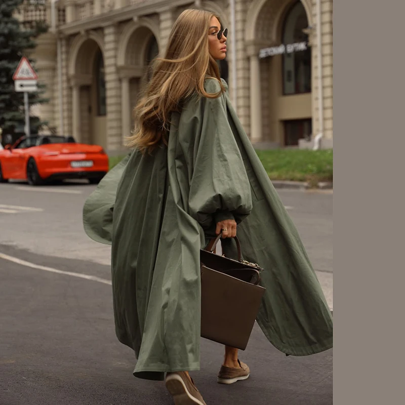 Übergroßer Einfarbiger Damen-Trenchcoat mit Puffärmeln Seitenschlitz Maxi-Windbreaker Reverskragen 4