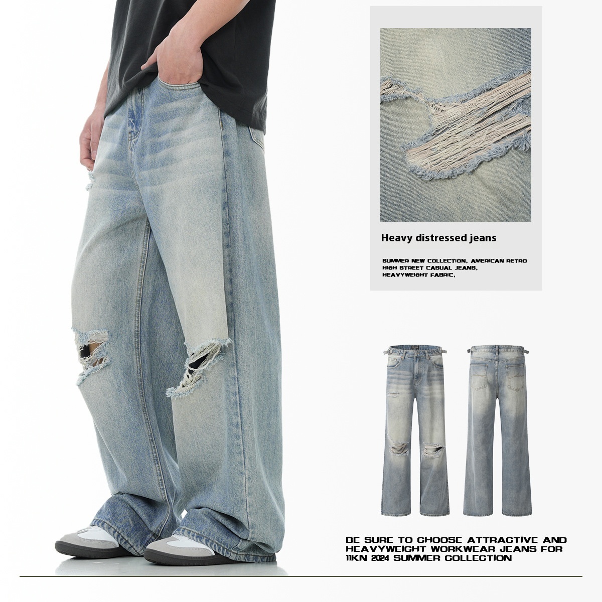 American Retro Summer Ripped Jeans Adjustable