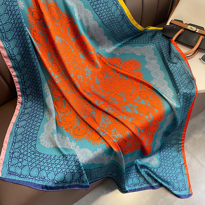 Classic Blue Orange Imitation Silk Scarf 4