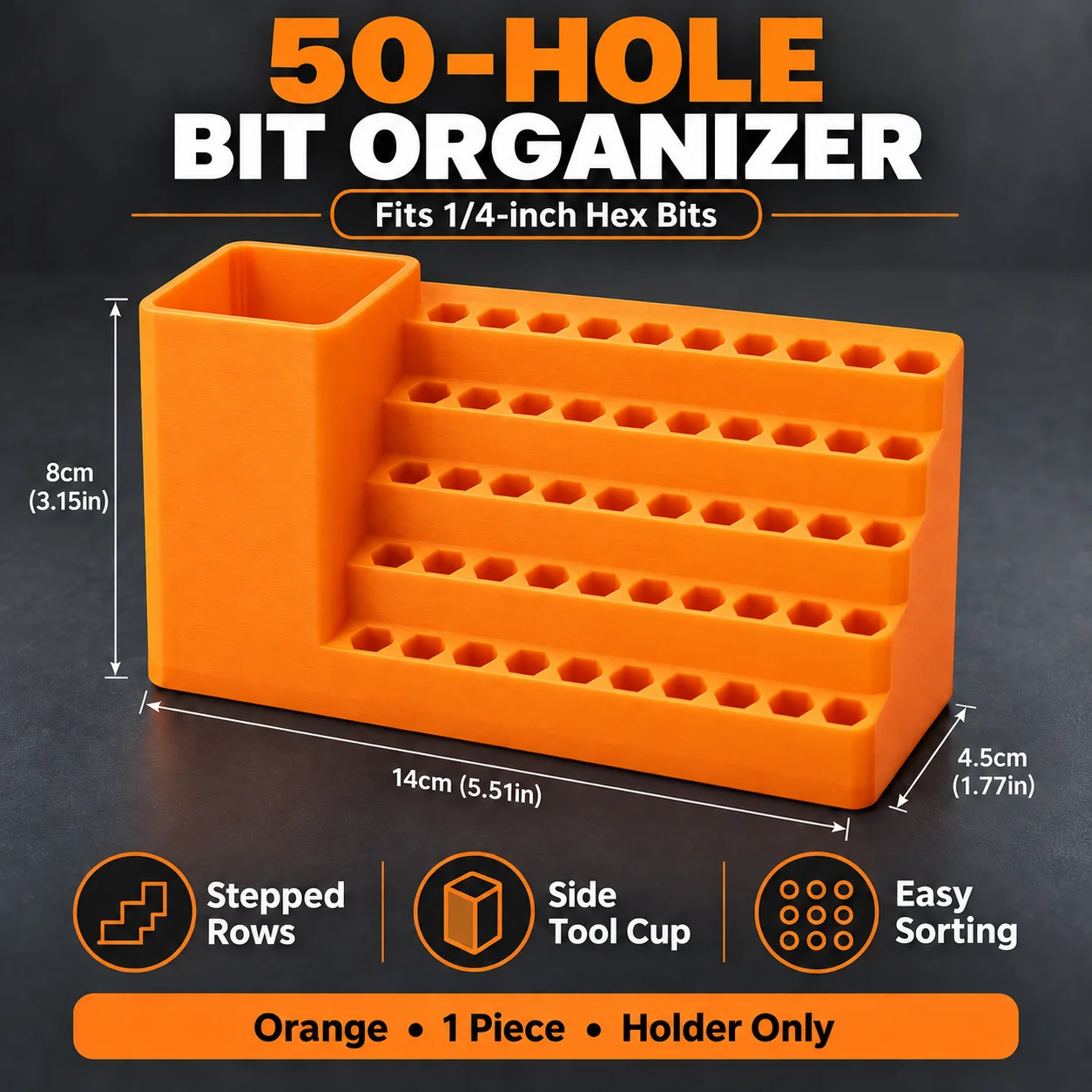 50-Loch-Schraubendreher-Bithalter in Orange 1 4-Zoll-Sechskant-Bit-Organizer Stufenförmiges Kunststoff-Aufbewahrungsregal mit 2