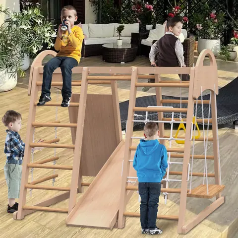 7-in-1 Wooden Climbing Tower Playset For Kids